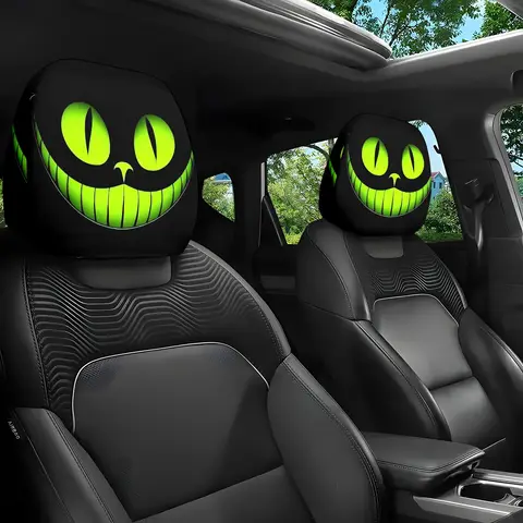 2pcs Fantasy Smile Mystical Cat Eye Universal Car Seat Headrest Covers Car Accessories Holiday Gift Decorative Protective Cover