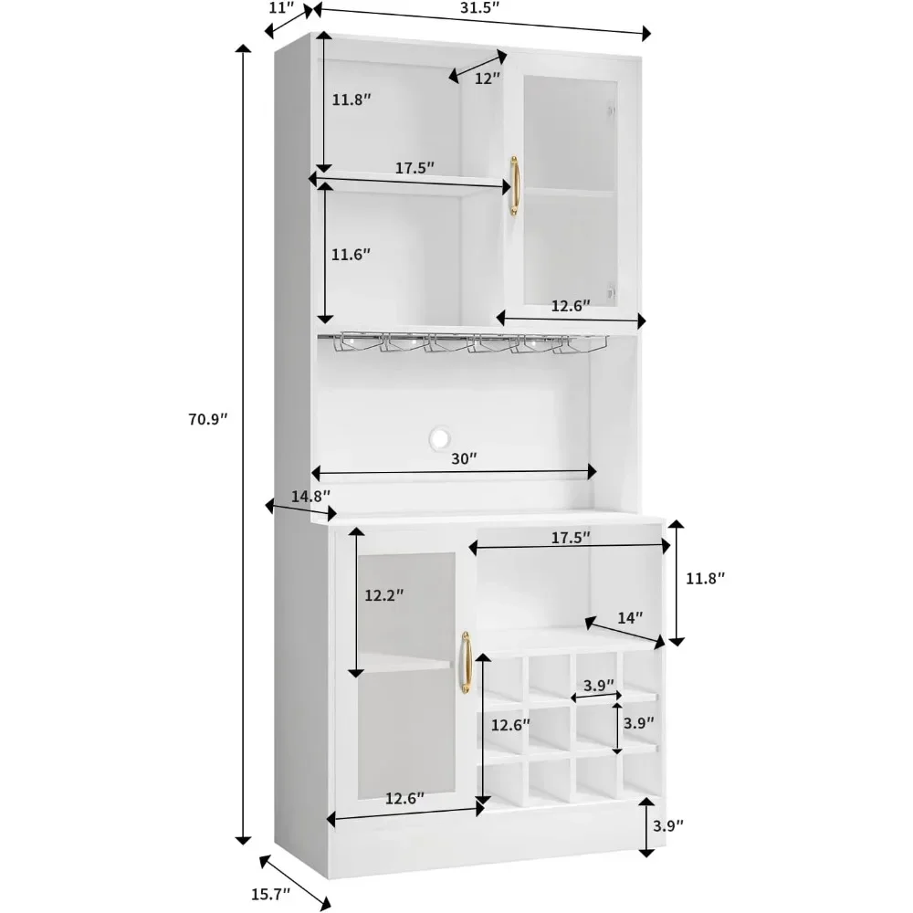 Armoire de bar à vin avec lumière LED et porte-verre à vin, garde-manger de cuisine avec support pour micro-ondes, armoire de café-bar