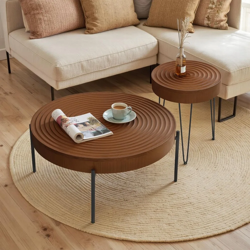 

Modern Farmhouse Style 2-Piece Living Room Coffee Table Set, Round Nesting Tables with Natural Wood Finish and Handcrafted Walnu