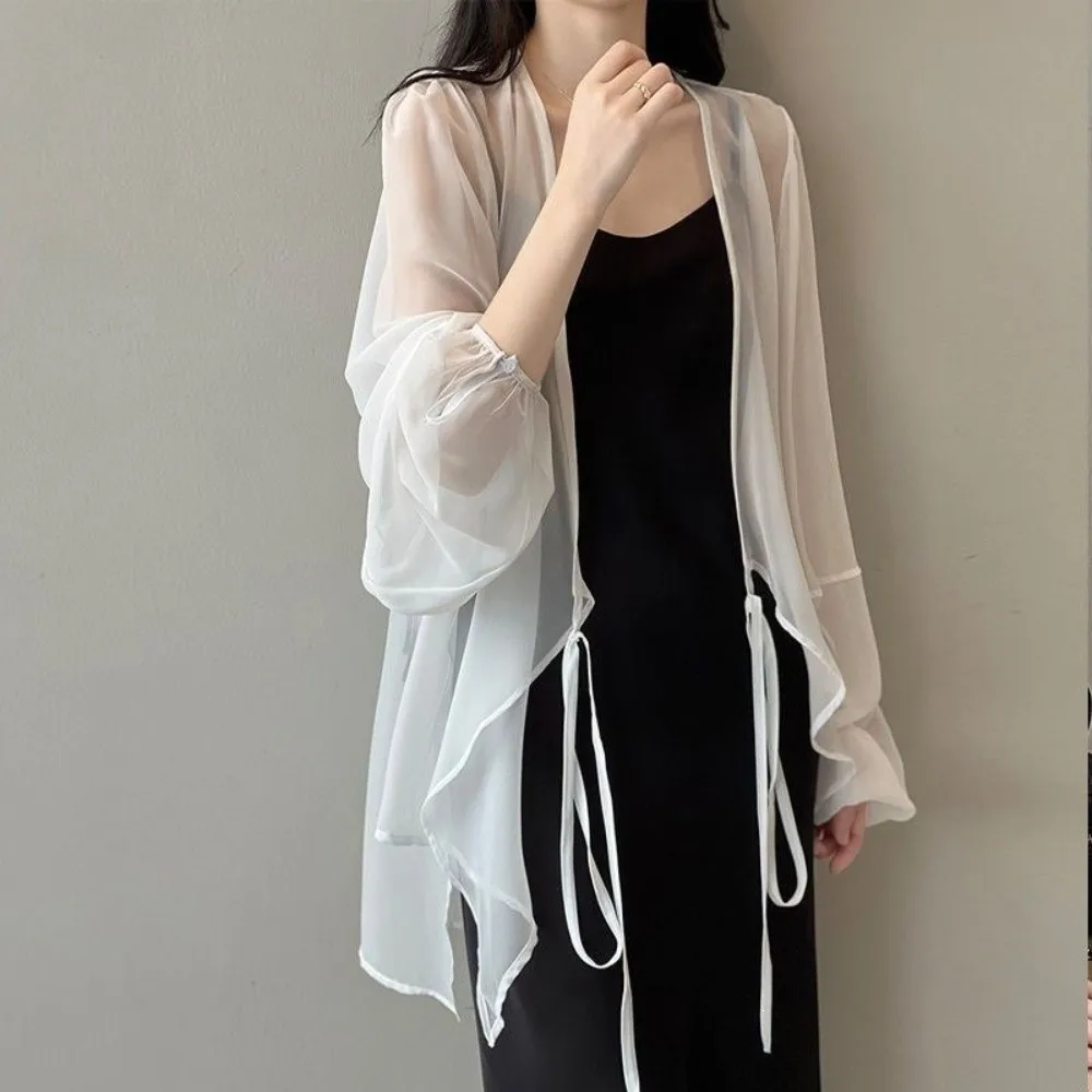 Solid Color Cardigan Tops Long Sleeve See Through Sun Protection Tops Bandage Design Light Texture Air Weave Tops Summer Season