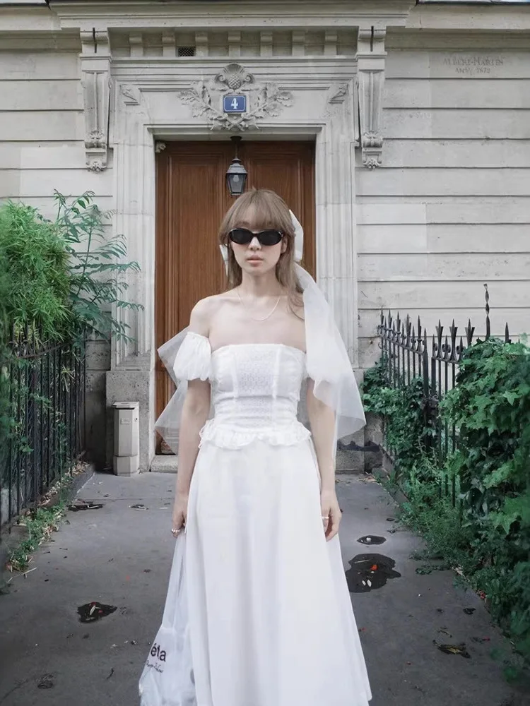 

Весна 2026: Новое трикотажное хлопковое платье А-силуэта без бретелек с рукавами-фонариками и кружевом в корейском стиле, утолщенное, с коротким рукавом, повседневное