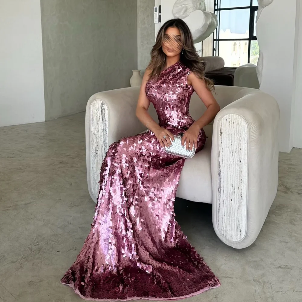 Bella Customized Pink Sequins Halter Neck robes de soirée Sleeveless Mermaid Evening Dresses Floor-Length Wedding Dress 2024