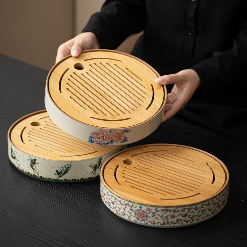 Chinese Ru Kiln Dry Brew Tea Tray Dunhuang Design Round water Tray Home Guest Small drinkTable Desk Hotel Tea House Tray Set
