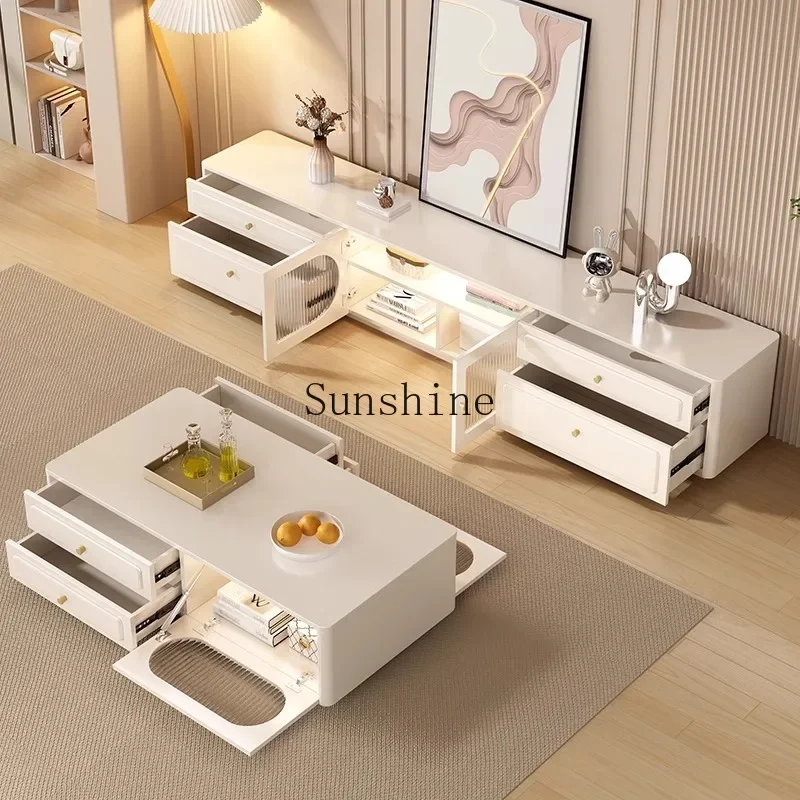 

Cream wind TV cabinet coffee table combination living room household light luxury solid wood TV cabinet FT