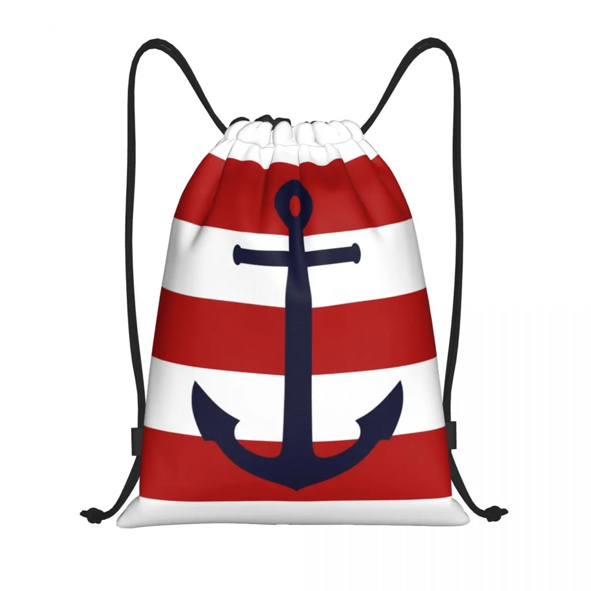 Nautical Navy Blue Anchor On Red Stripes Drawstring Bag for Shopping Yoga Backpacks Men Women Sailing Sailor Sports Gym Sackpack