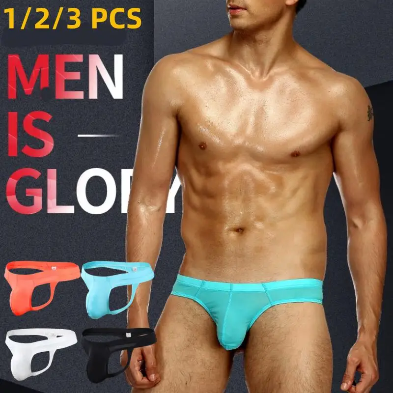 1/2/3PCS Men Solid G Strings Thong Underwear Ice Silk Sexy Sissy Tanga Hombre Jockstrap Penise Bag Breathable Thin Men Underwear