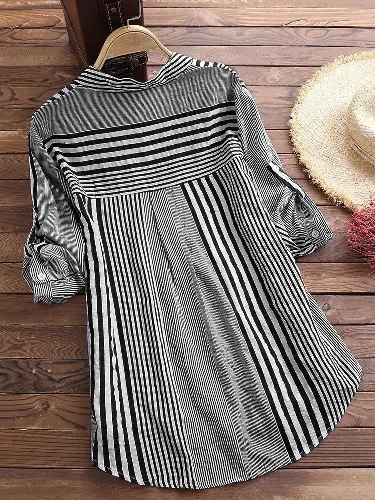 Women's Spring Fall Cotton Linen Long Sleeves Roll Up Striped Casual V Neck Button Down Shirts Blouses Collar Tunic Tops