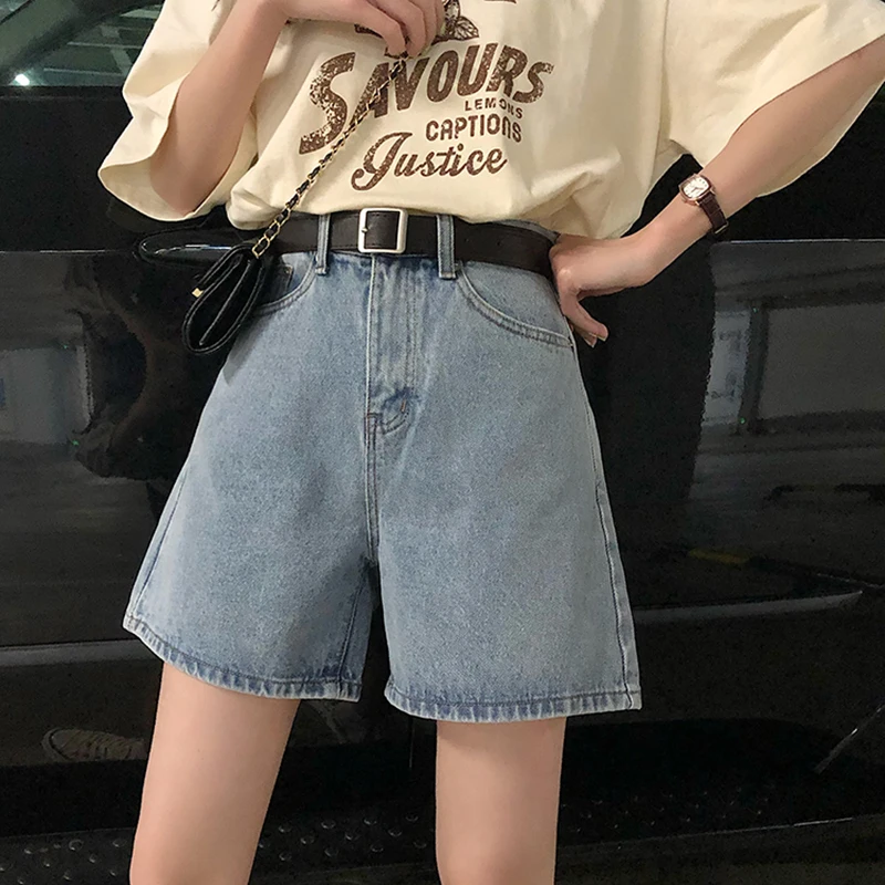 Summer Denim Jeans Water Washing Fashion Korean Wide Leg Pants Wear Elastic Waist Shorts Women High Waist Short Pants Pockets