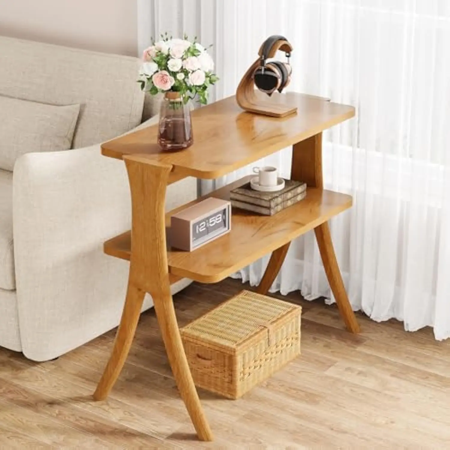 

Narrow Side Table for Living Room, Farmhouse End Table with 2-Tier Storage Shelf and Solid Wood Legs, Slim Tall Bedside Table