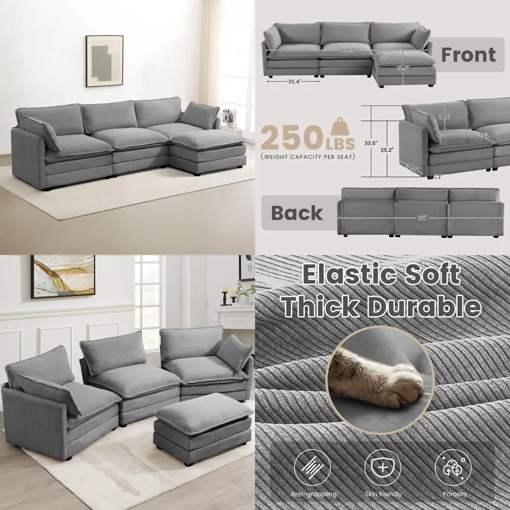 

"Modular 4-Seat Sectional Sofa with Movable Ottoman, 112 Inch Modern Corduroy L-Shaped Couch"