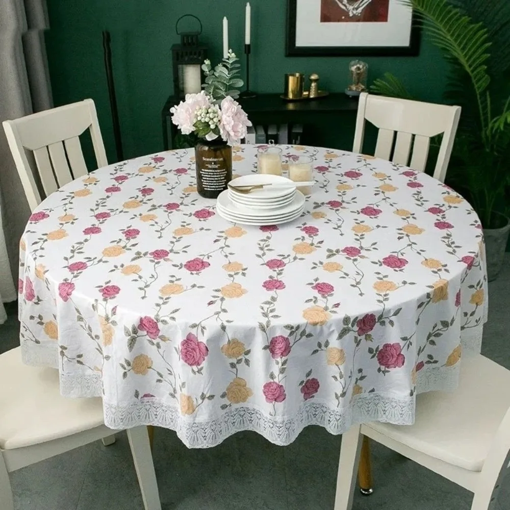 

Pastoral Style PVC Tablecloth Printed Design Oil Resistant Waterproof Tablecloth Flower Pattern Lace Hem Round Table Cover