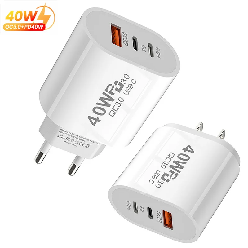 USB C Charger 40W Fast Charging Charger 3Ports Type C Mobile Phone Charger PD Power Adapter for Samsung Xiaomi IPhone QC3.0