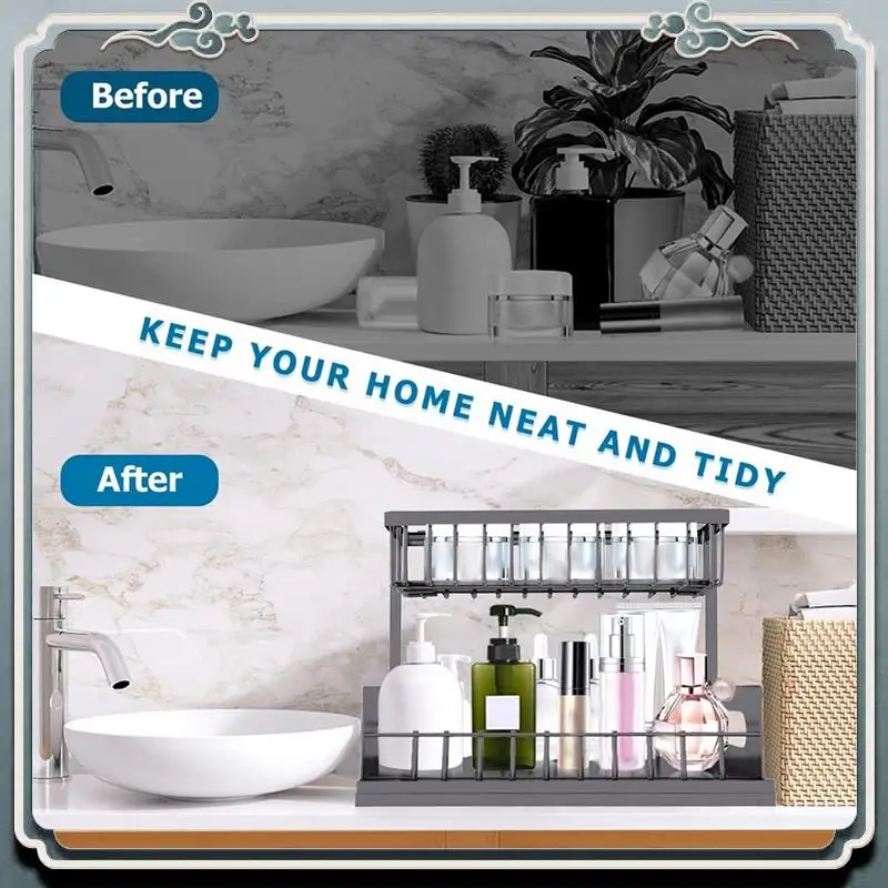 

Durable Under Sink Kitchen Organizer With Cups And Hooks 2 Tier L Shaped Under Sink Organizers Pull Out Under Sink Organizers