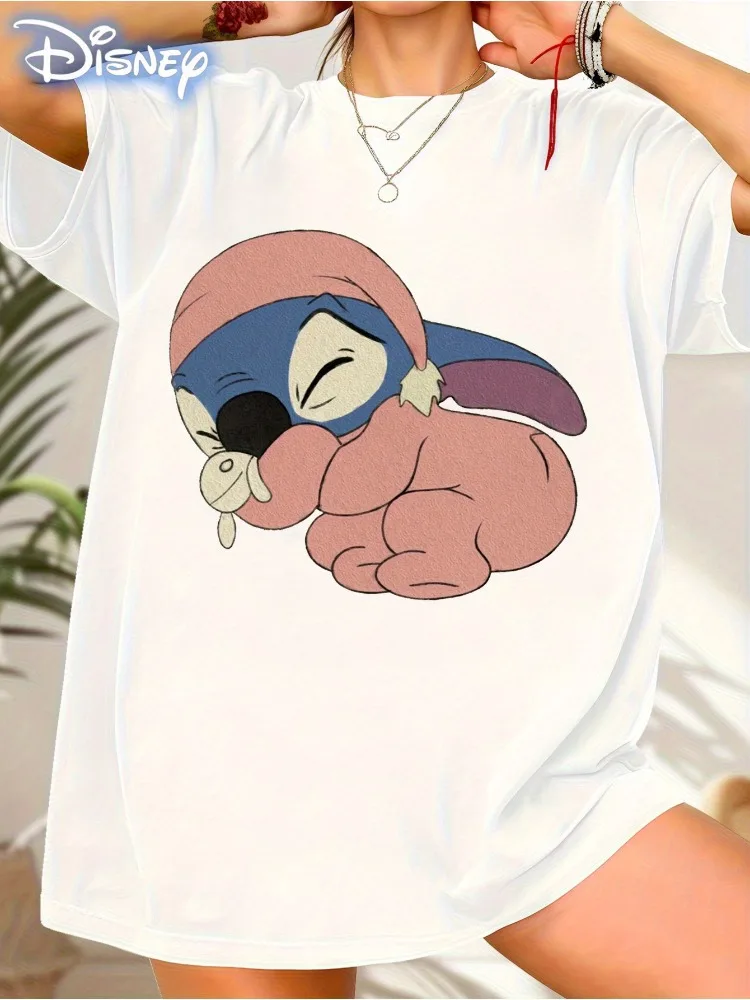 

Disney Stitch and Lilo Women Patterned T-Shirt Cute HeartShaped Print Short-Sleeve Casual Top Comfortable All-Season Cartoon Top