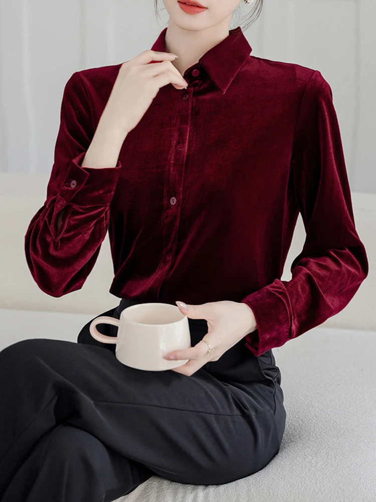 Vintage Wine Red Long Sleeve Blouse Autumn Winter Velvet Chic Versatile Women\'s Clothing Sales Gentle Style Tops Office Lady New