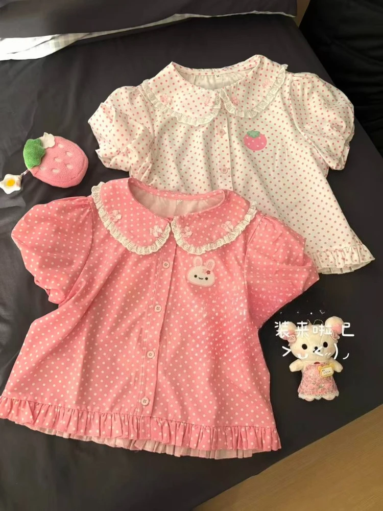 New Kawaii Japanese Sweet Polka-dot Doll Collar Shirt Lace Short Sleeve Cute Strawberry Rabbit Embroidered Loose Blouse Female