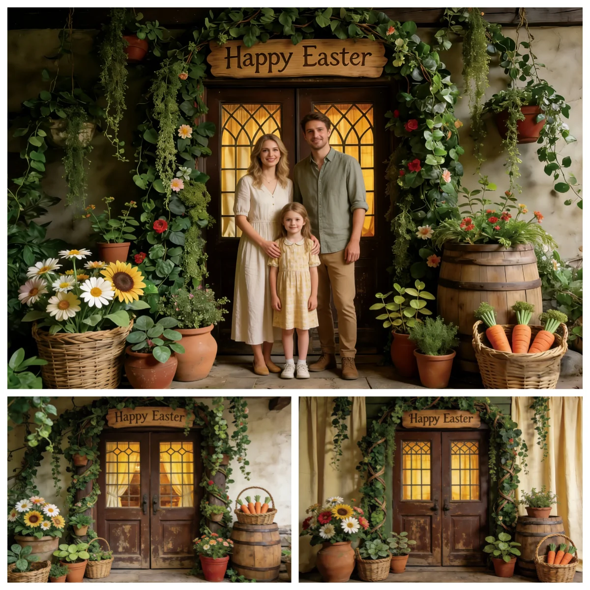 

Декорации для Пасхи: Фон с деревянным домом в деревенском стиле, деревянной дверью, цветами и листьями, для семейных портретов и детских праздников