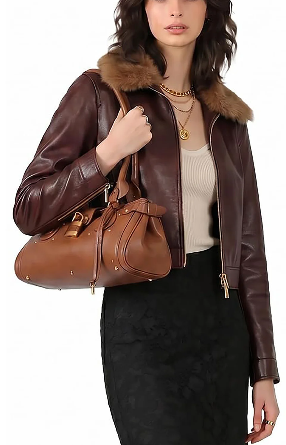 Vintage Y2K Lock Top Handle Bag für Damen, PU-Leder-Handtasche, Retro-Nieten-Unterarmtasche, Motorradtasche, Umhängetasche – Detail 2