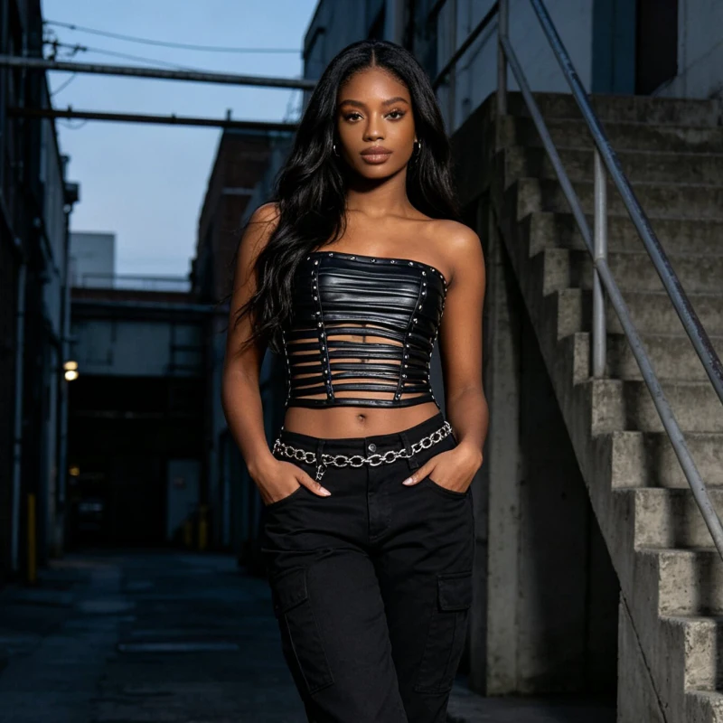 New Sexy Women Faux Leather Hollow Out Rivet Striped Bandeau Top Heavy Craft Elastic Strapless Tube Top