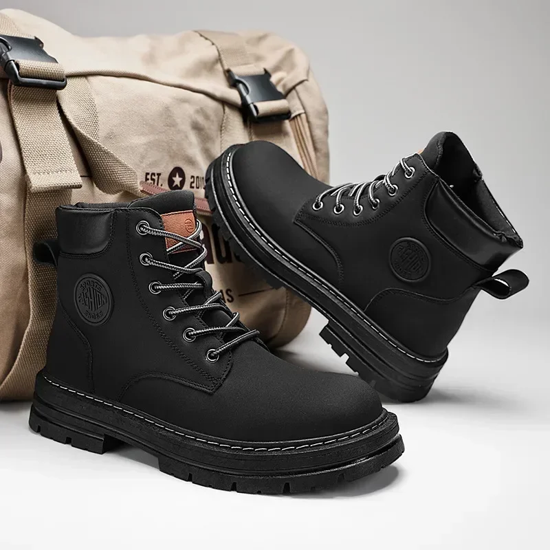 Homens retro sapatos de trabalho outono inverno alta superior antiderrapante quente botas casuais camurça de vaca rendas cabeça redonda botas de ferramentas para homem