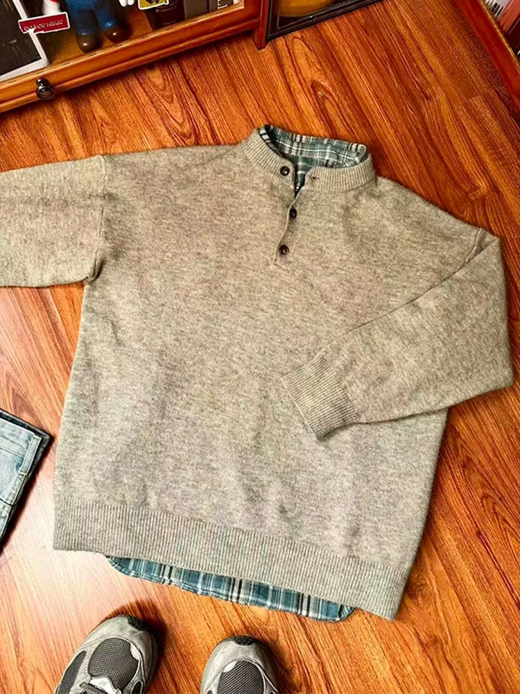 

Vintage American Preppy Style Men's Knitted Sweater Henry Collar Long Sleeve Base Layer Top Korean Style Casual Wear