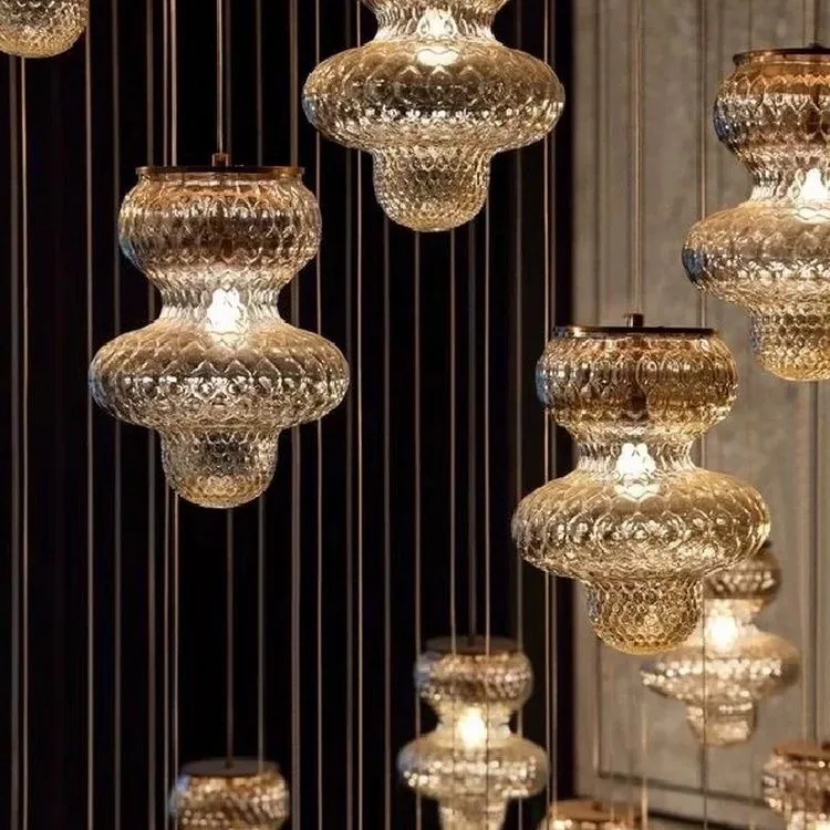 2026 Gourd Glass Pendant Lights E27 Gray Room Staircase Dining Living Room Amber Home Hanging Lighting Hotel Ceiling Lamp Decor