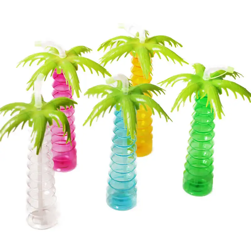 

5pcs Creative Tropical Coconut Palm Tree Luau Yard Cup Hawaii Summer Beach Party Drink Juice Plastic Water Bottle Straw Cups