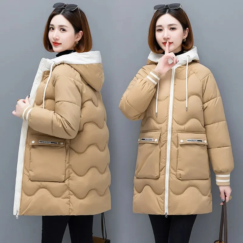 2023 Winter New Thickened Down Coat Padded Arkas Women's Mid Length Casual Loose Hooded Warm Women Cotton Padded Jacket S-3XL