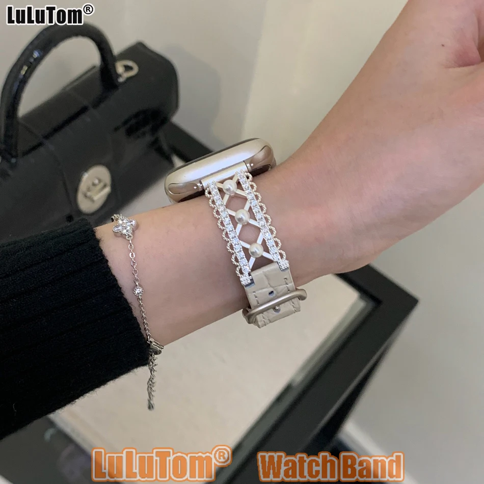 

Pearl Zircon Strap for Apple Iwatch Series 11 10 9 8 7 6 5 SE Ultra Watch Band 38 40 41 42 44 45 46 49 mm Metal Leather Bracelet