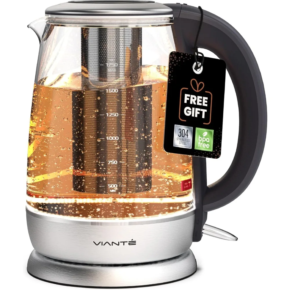 Electric Glass Tea Kettle with Removable Infuser. Hot tea infuser Pot for Loose Leaf & Bagged Tea. BPA-FREE. Stainless Steel