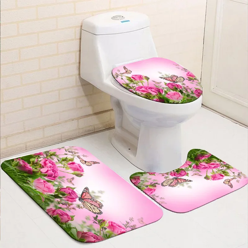 Red Rose Butterfly Flowers Bathroom Shower Curtain Set Waterproof Polyester Washable Non-Slip Bath Mat Rugs Carpet Toilet Cover