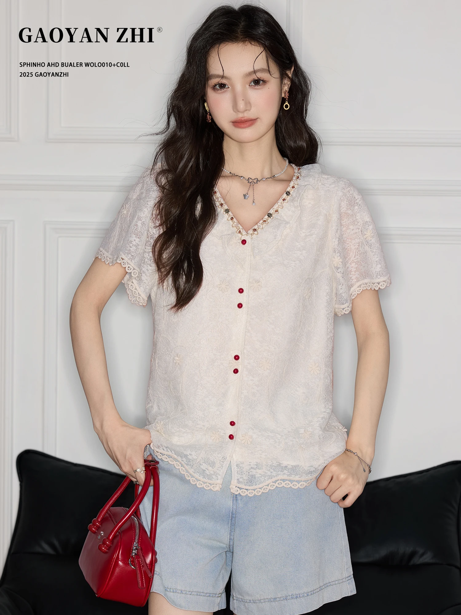 

Ele Lace Embroidery V-Ne ort Sve irt Women's Summer Unique Design High Beau Floral Print Casual Commute Sle ...