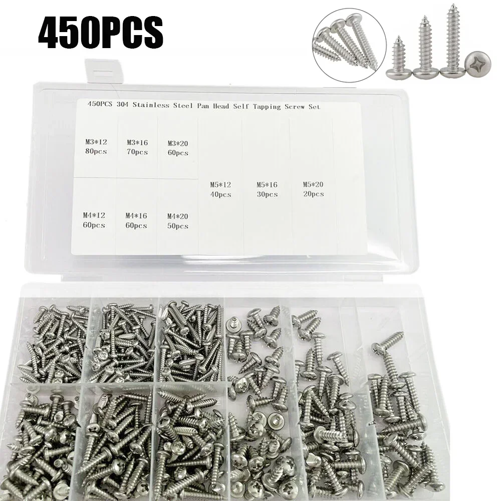 

450PCS Self-Tapping Screws Kit Cross Round Screw Stainless Steel Pan Head Screws Set Nail Screw Motherboard Repair Accessories