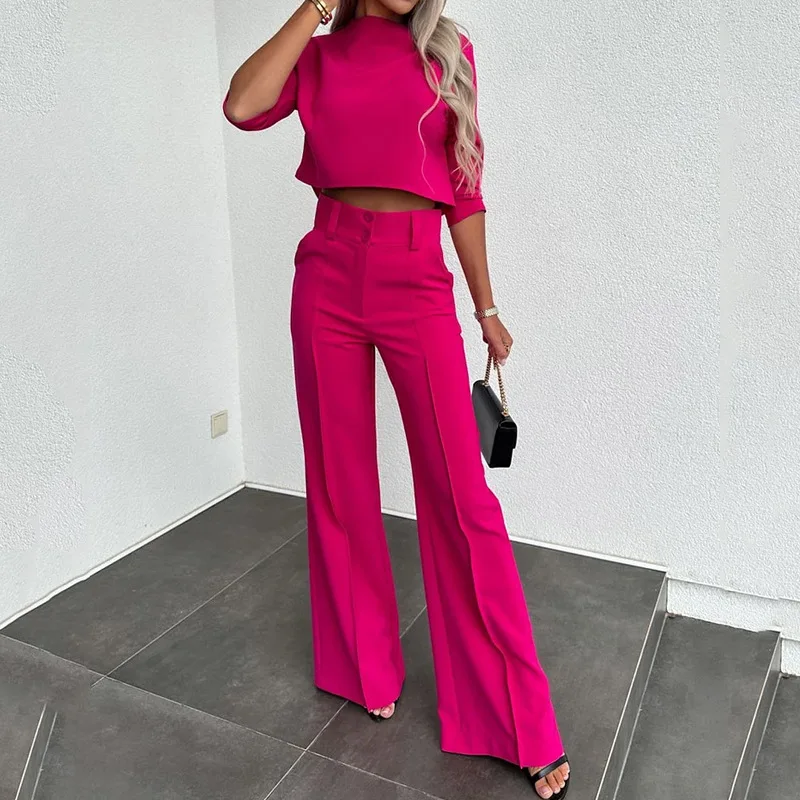 2023 Women Korean Solid Short Tops Two Piece Sets Simple Round Neck Loose Straight Long Pants Set High Waist Ladies Autumn