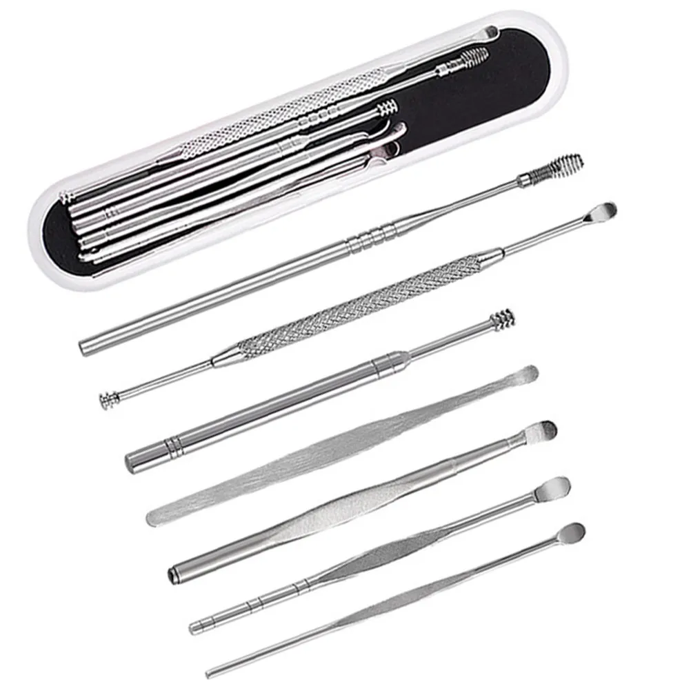 

Набор для удаления ушной серы из 7 предметов: эргономичные инструменты из нержавеющей стали для эффективной и бережной чистки ушей, для ежедневного домашнего использования, с портативным футляром для хранения