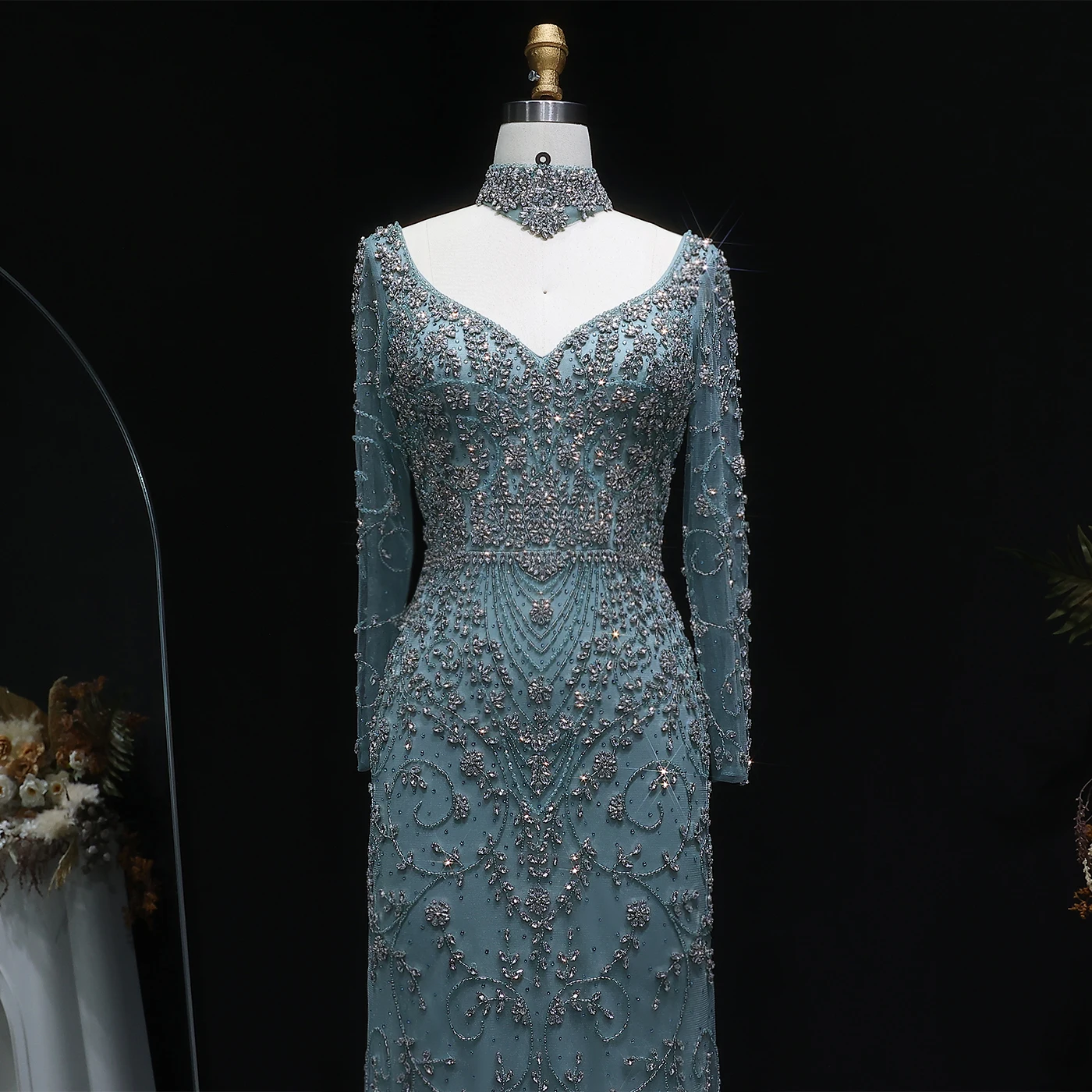 Sharon Said Luxuriöses Arabisches Dubai Rosa Meerjungfrauenkleid mit Langen Ärmeln, Perlenbesetztes Formelles Abendkleid für Hochzeit, Party, Ball, SS181 Maßanfertigung – Detail 27