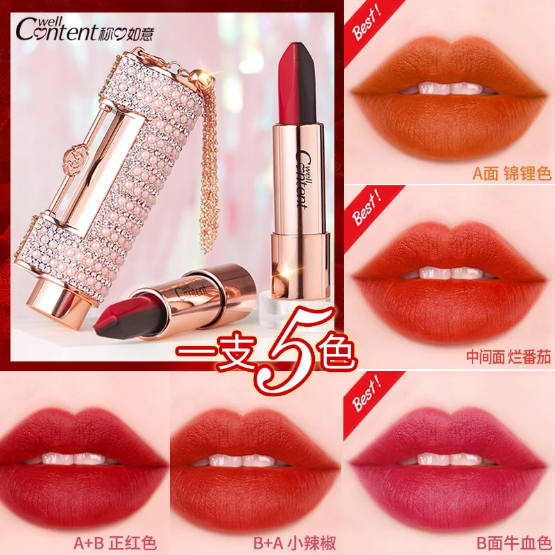 Lápiz labial 5 en 1 de colores, terciopelo mate, tinte de labios rojo Sexy, suave, duradero, resistente al agua, fácil de usar, maquillaje de labios