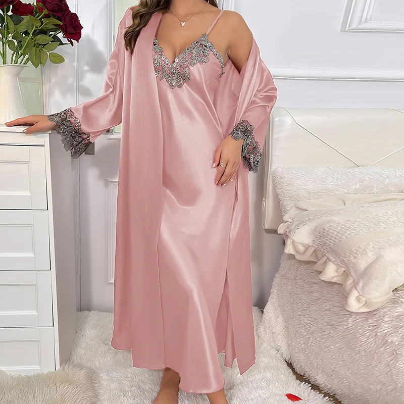 

Women's Pajama Medium and Long Skirt Jacket Two-piece Casual Loungewear Women's Simulation Silk Lace-up Sexy Suit Pijama
