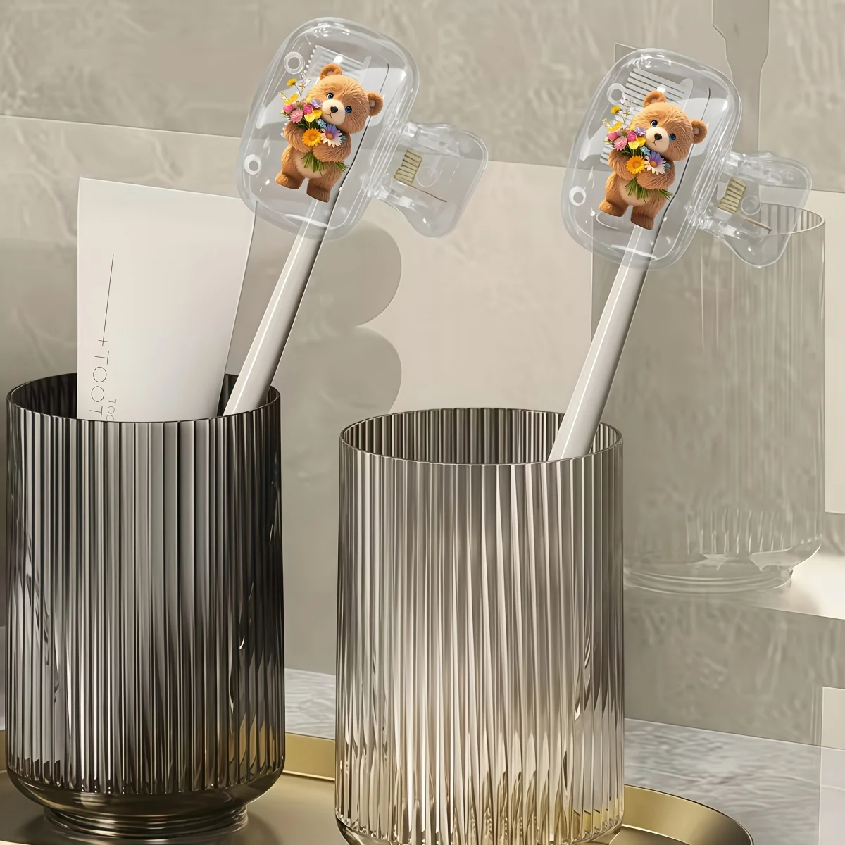 2pcs Bear Holding Flowers Portable Toothbrush Holder  Essential Bathroom Additions for Home And Business Travel Daily Use