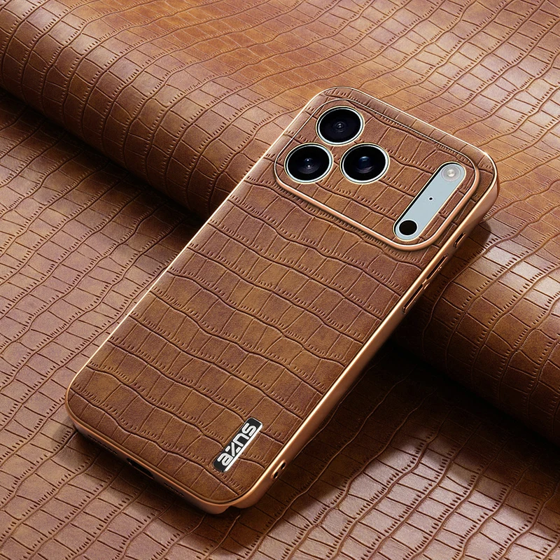 Retro Crocodile Pattern PU Leather Case For iPhone 17 Air 16 16e 15 14 13 12 11 Pro Max 16 Plus Plating Gold PC Frame Cover