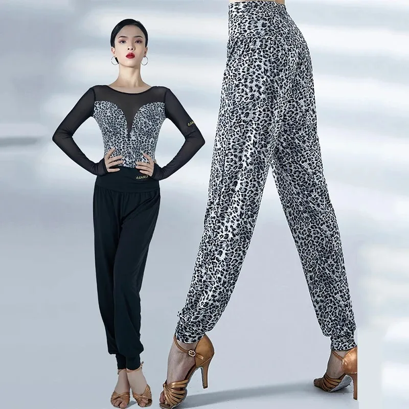 

2024 Women Latin Dance Pants Practice Clothing Chacha Samba Rumba Ballroom Dance Wear Loose Latin Trousers Black Leopard Style