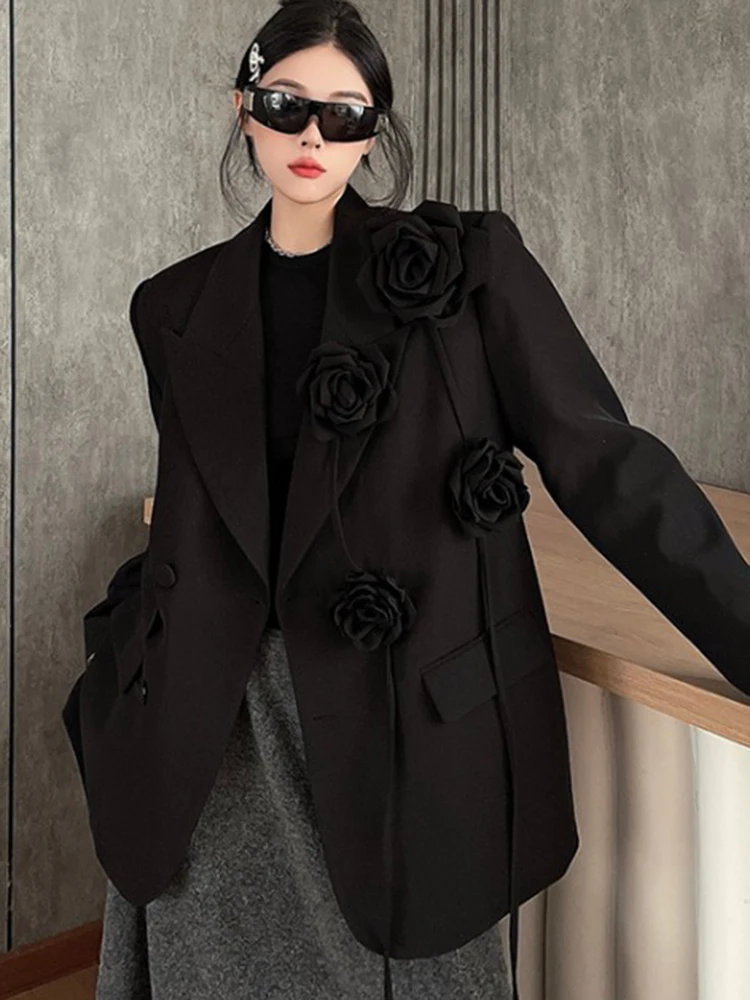 YERMORA Black Three-dimensional Flower Blazer For Women Lapel Long Sleeve Loose Fit Fashion Jacket Spring Autumn 2024 New A72