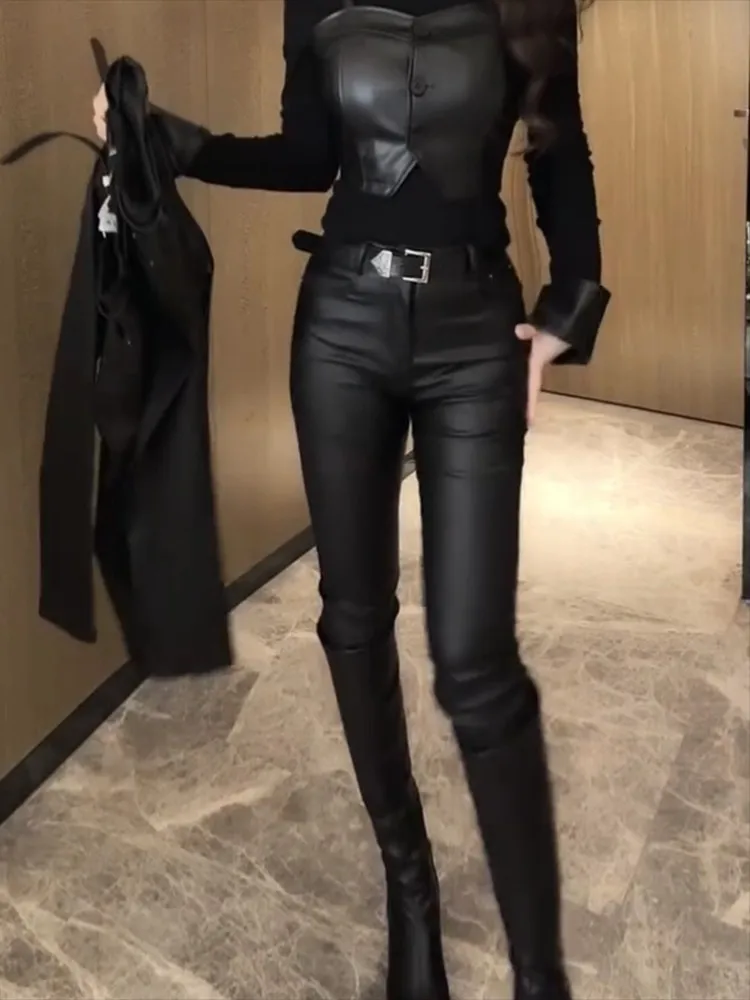 

Черные кожаные брюки с покрытием из искусственной кожи, осенне-зимние утолщенные теплые брюки с высокой талией, женские модные узкие укороченные ботинки Y2k, брюки, верхняя одежда