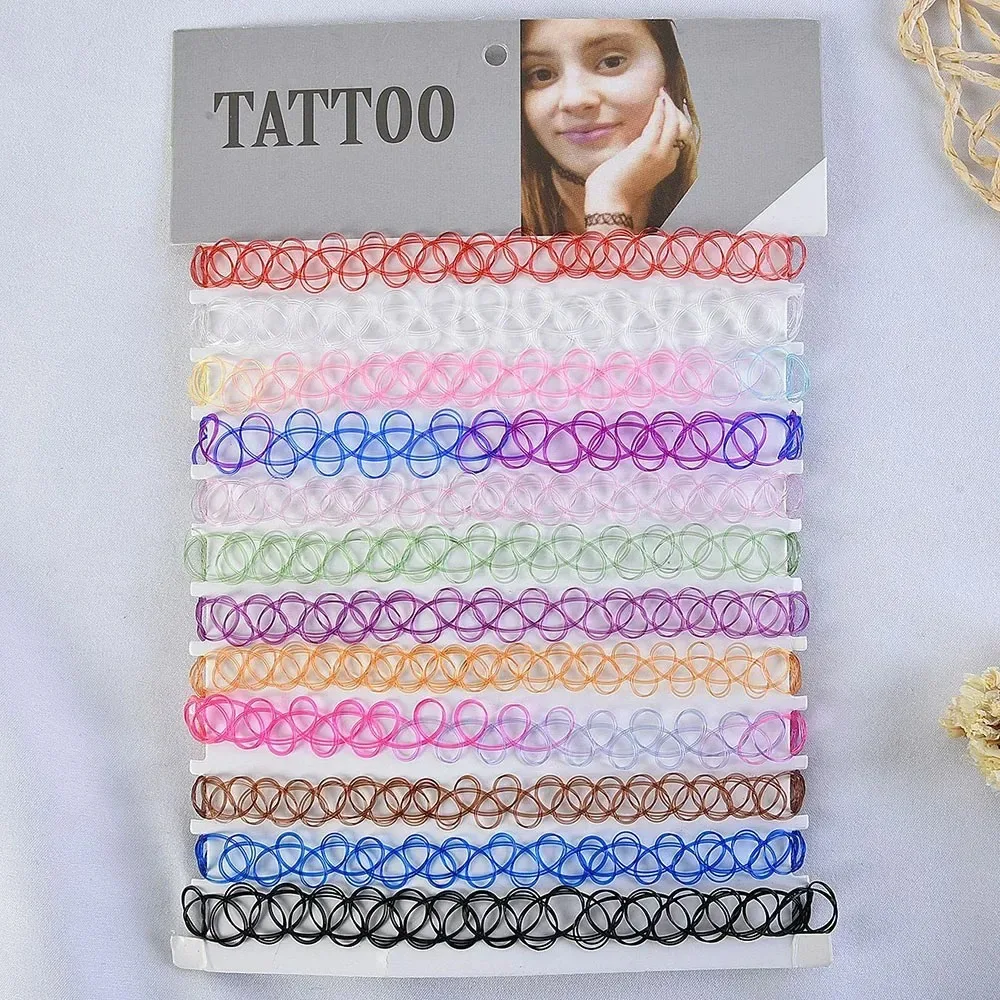 12Pcs Colorful Neck Tattoo Choker Elastic Women Necklace Punk Tattoo Choker Stretch Necklace Jewelry Girls Chokers Necklaces