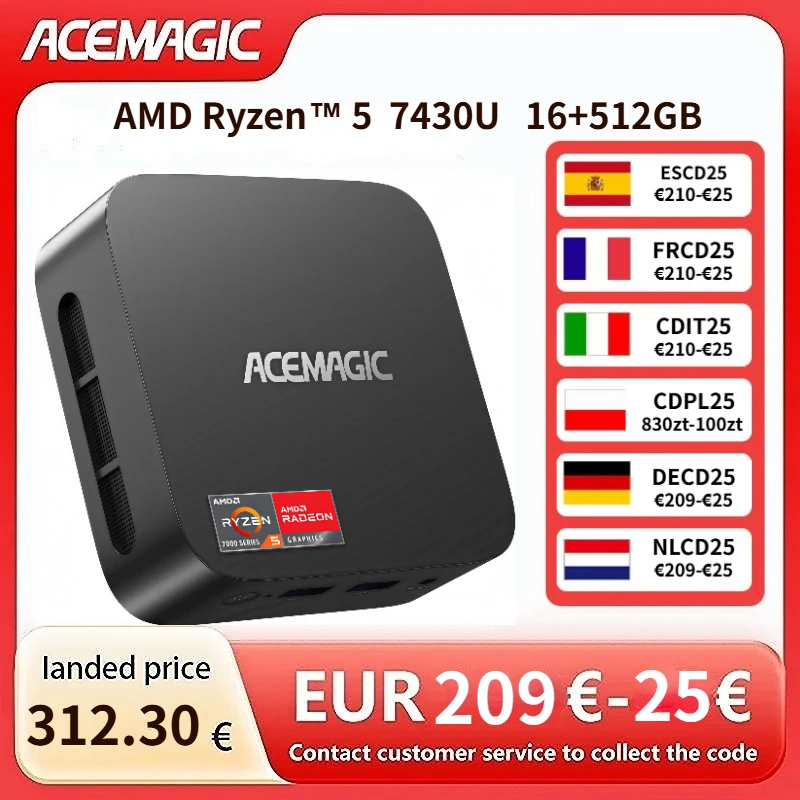 ACEMAGIC K1 MINI PC AMD Ryzen 5 7430U 16 Go de RAM 512 Go SSD Windows 11 Pro Mini Ordinateur Wifi6 BT5.2 Affichage 4K Mini PC pour Jeux Légers
