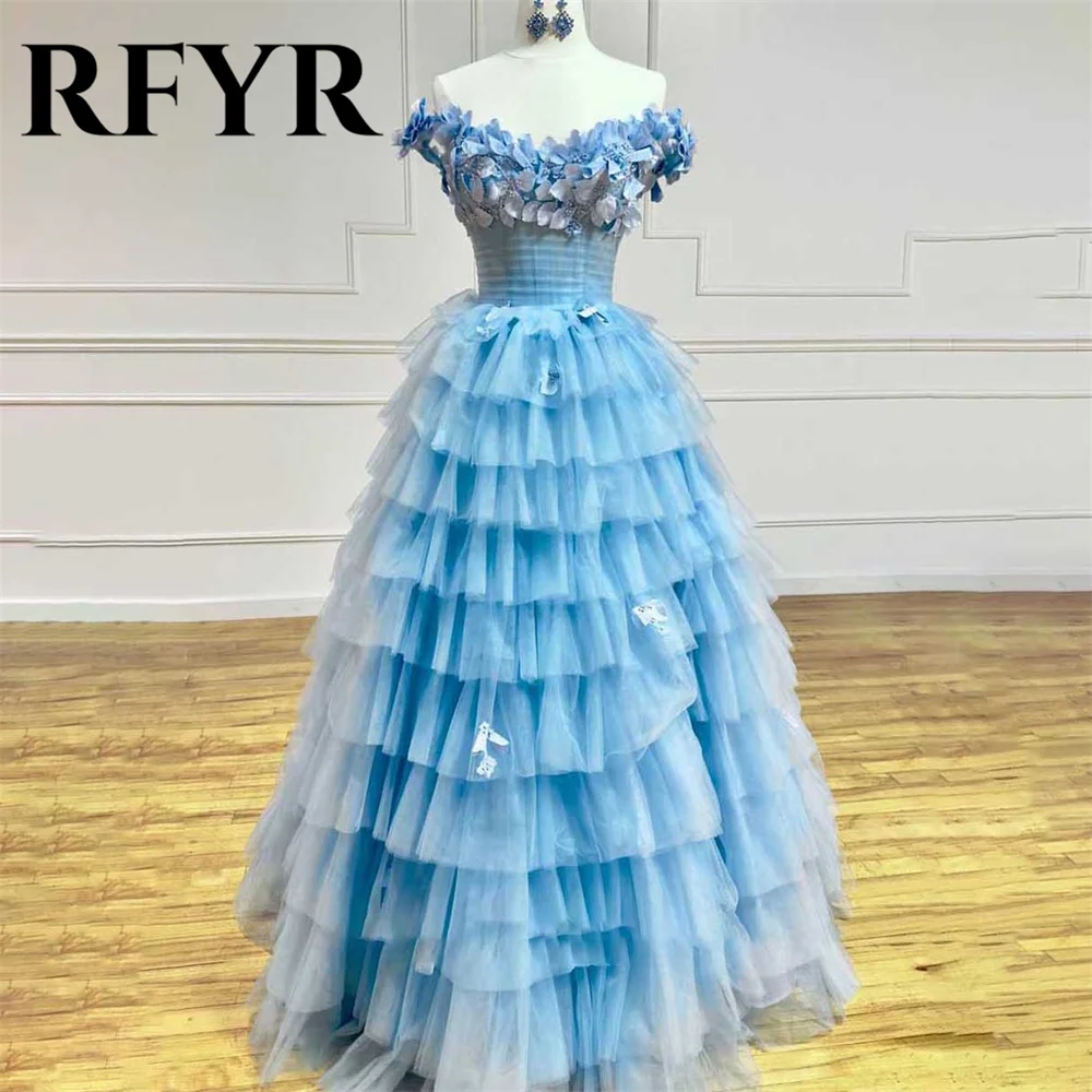 

RFYR Blue A-line Evening Dresses Strapless Vestidos De Noche Tiered Tulle Prom Dress with Pleat Off The Shoulder Party Dresses