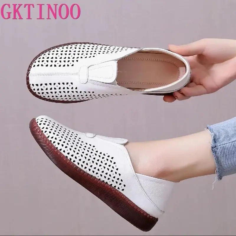 GKTINOO 2024 New Spring Summer Genuine Leather Shoes Flat Hollow Breathable Sandals Casual Shoes Woman Flats Large Size