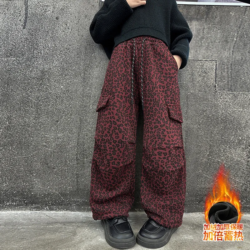 Girls' New Winter Leopard Print Cargo Pants with Cuffed Feet Design. Thermal Insulation.  kids girls clothes