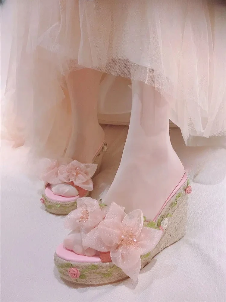 

Summer Slippers Sweet Girly Wedge Espadrille Slides Kawaii Pink Leather Sandals Original One-strap Lolita High Heel Sandals