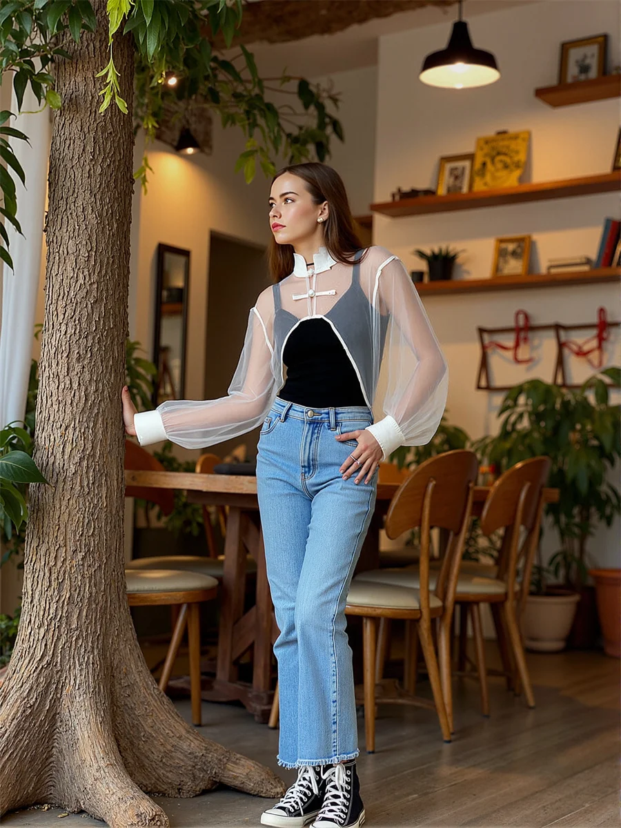 Camicia nera Donna Manica lunga Slash Neck Off-spalla Design sexy Moda Stile chic Camicette da donna Top Donna Button Up Elegante